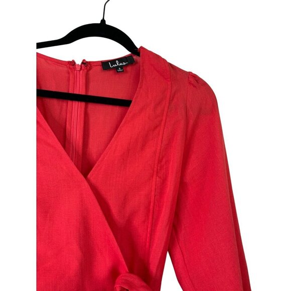 Lulus Women's Faux Wrap Dress Red Puffed Sleeve Button Accents Tie Size S - Picture 4 of 14